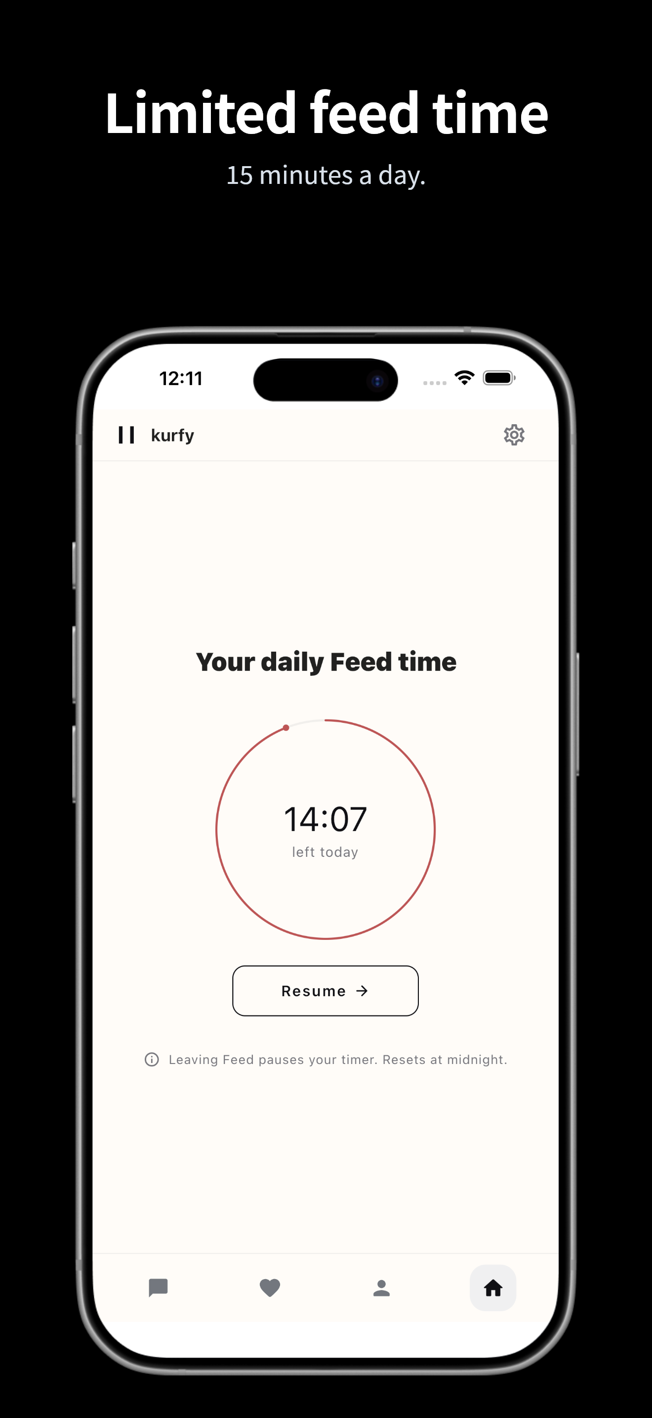 kurfy app on iPhone: Daily Feed timer. Browse your Instagram Feed for up to 15 minutes a day. Leaving Feed saves your remaining time.