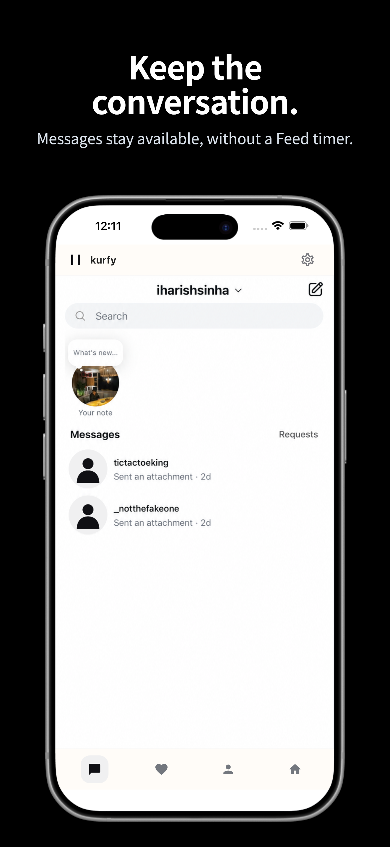 kurfy app on iPhone: Messages. Keep your Instagram conversations available without using your Feed time.